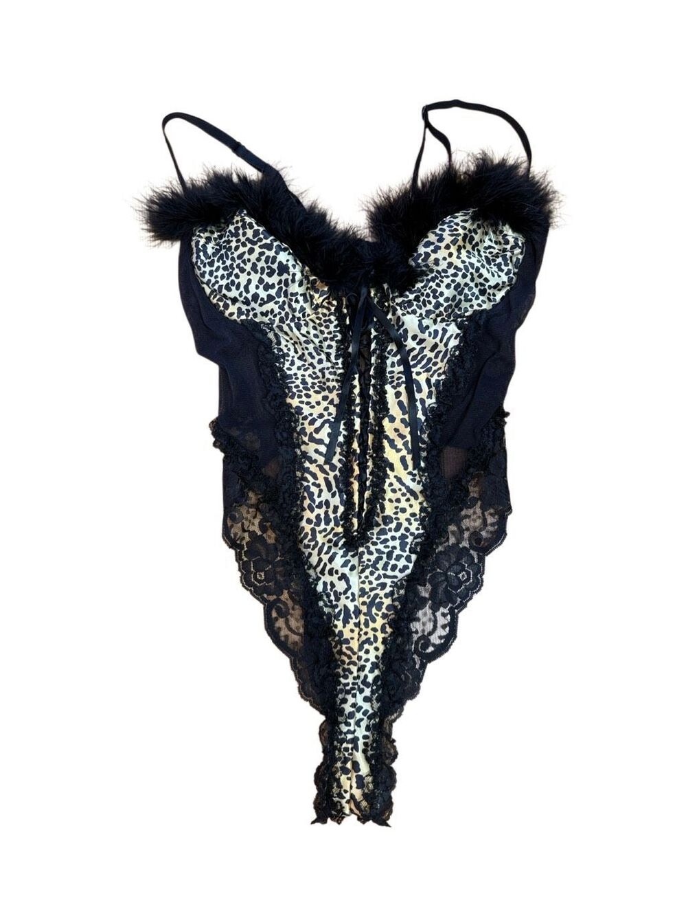80s Vintage Frederick’s of Hollywood Leopard Lace and Fur Body Suit Medium